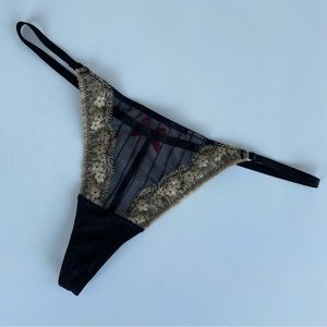 Black Mesh G-Strings with Golden Lace and Red Satin Bow